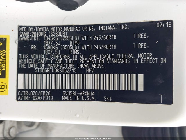 Toyota Highlander Hybrid Le 2019 5TDBGRFH0KS062715 Image 9