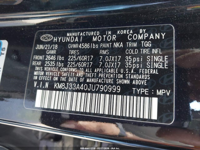 44411218 :رقم المزاد ، KM8J33A40JU790999 vin ، 2018 Hyundai Tucson Sel مزاد بيع