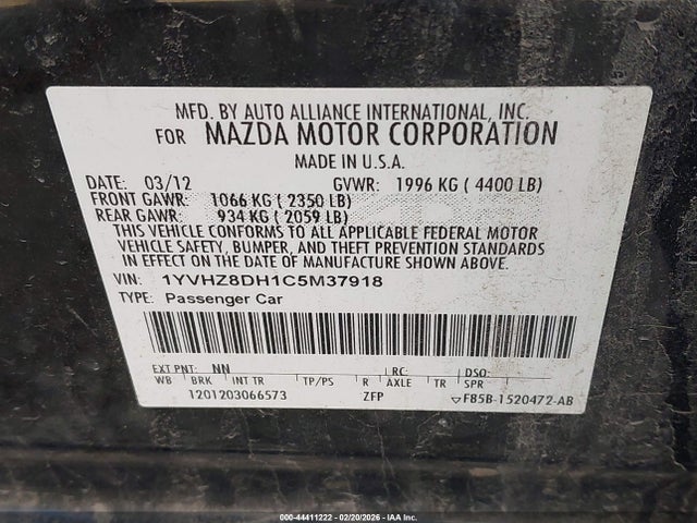 2012 Mazda Mazda6 I Touring მანქანა იყიდება აუქციონზე, vin: 1YVHZ8DH1C5M37918, აუქციონის ნომერი: 44411222