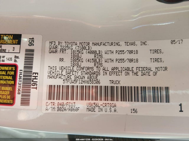 5TFUW5F12HX658306 Toyota Tundra Sr5 5.7l V8