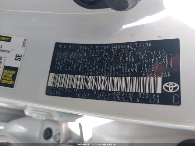 44411270 :رقم المزاد ، 5YFB4MDE8SP274498 vin ، 2025 Toyota Corolla Le مزاد بيع