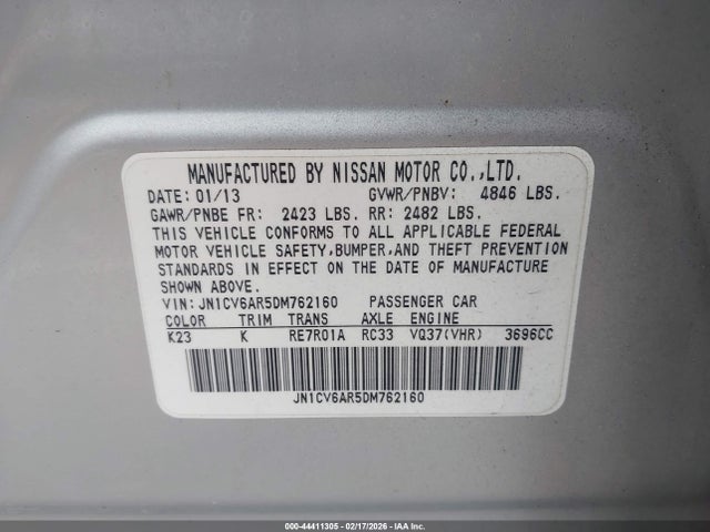 44411305 :رقم المزاد ، JN1CV6AR5DM762160 vin ، 2013 Infiniti G37x مزاد بيع