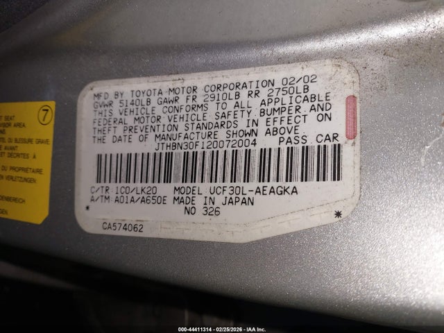 44411314 :رقم المزاد ، JTHBN30F120072004 vin ، 2002 Lexus Ls 430 مزاد بيع