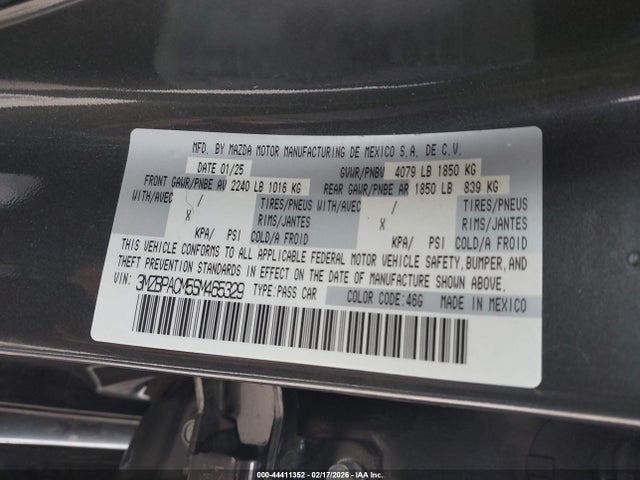 Продаж на аукціоні авто 2025 Mazda Mazda3 2.5 S Preferred, vin: 3MZBPACM5SM465329, номер лоту: 44411352