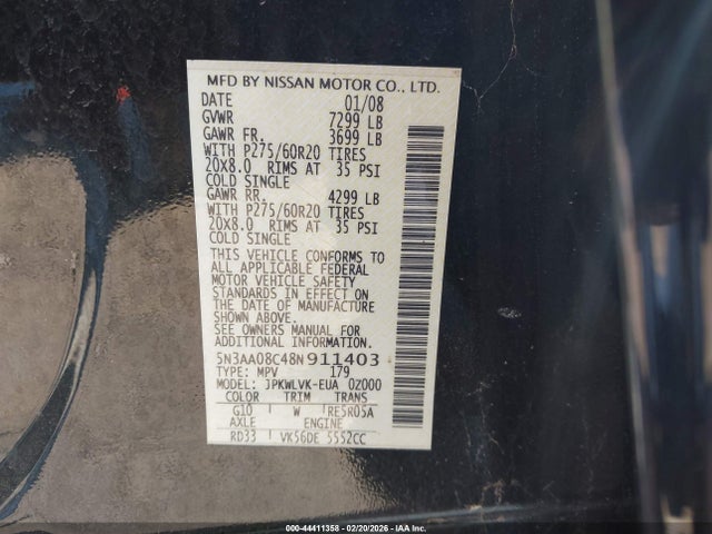 44411358 :رقم المزاد ، 5N3AA08C48N911403 vin ، 2008 Infiniti Qx56 مزاد بيع