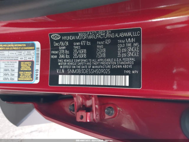 Aukcja sprzedaży 2025 Hyundai Tucson Sel, vin: 5NMJB3DE5SH509025, numer aukcji: 44411411