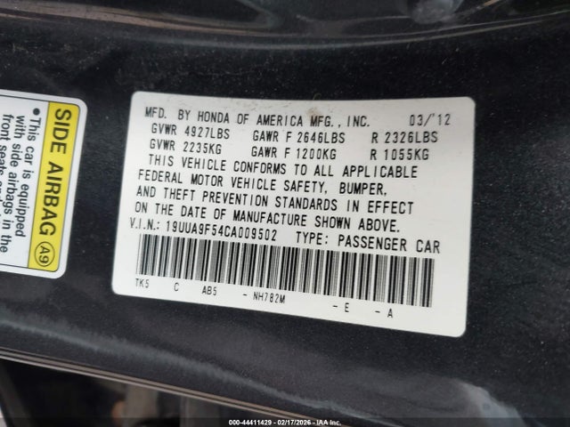 44411429 :رقم المزاد ، 19UUA9F54CA009502 vin ، 2012 Acura Tl 3.7 مزاد بيع