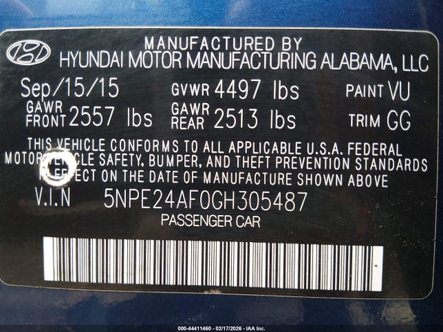 5NPE24AF0GH305487 Hyundai SONATA SE