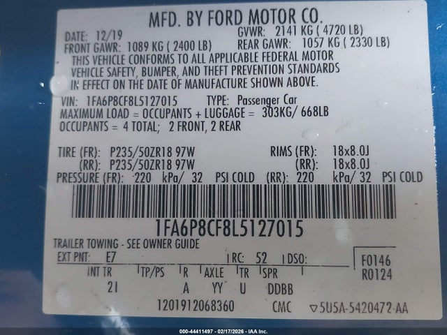 Aukcja sprzedaży 2020 Ford Mustang Gt Fastback, vin: 1FA6P8CF8L5127015, numer aukcji: 44411497