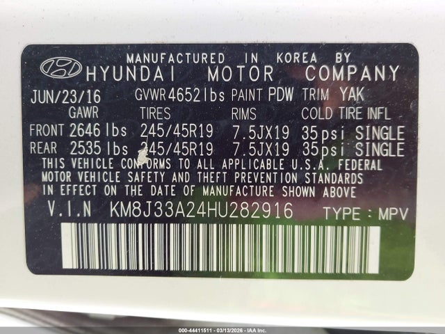 Продажа на аукционе авто 2017 Hyundai Tucson Limited, vin: KM8J33A24HU282916, номер лота: 44411511