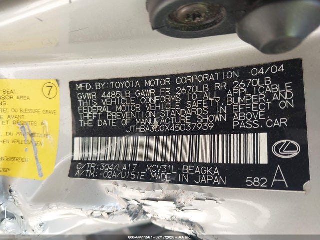 Aukcja sprzedaży 2004 Lexus Es 330, vin: JTHBA30GX45037939, numer aukcji: 44411567