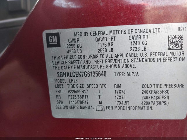 2016 Chevrolet Equinox Lt მანქანა იყიდება აუქციონზე, vin: 2GNALCEK7G6135640, აუქციონის ნომერი: 44411573