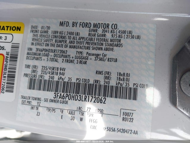 Ford FUSION SE 2020 3FA6P0HD3LR172062 Image 9