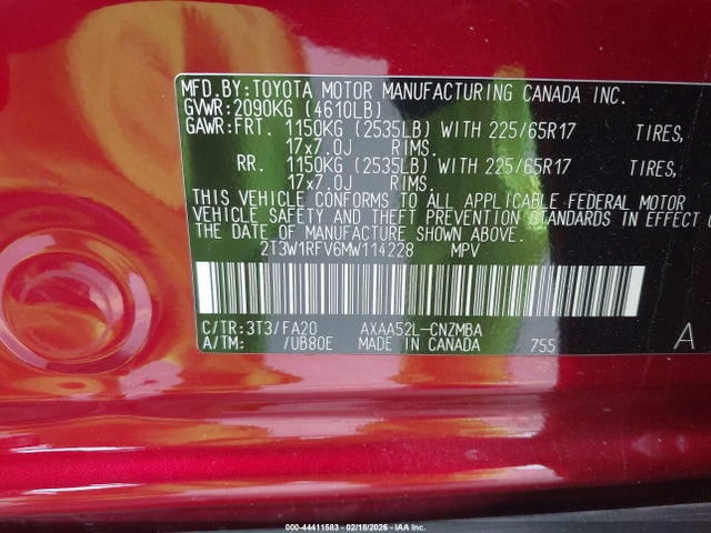 2T3W1RFV6MW114228 Toyota Rav4 Xle