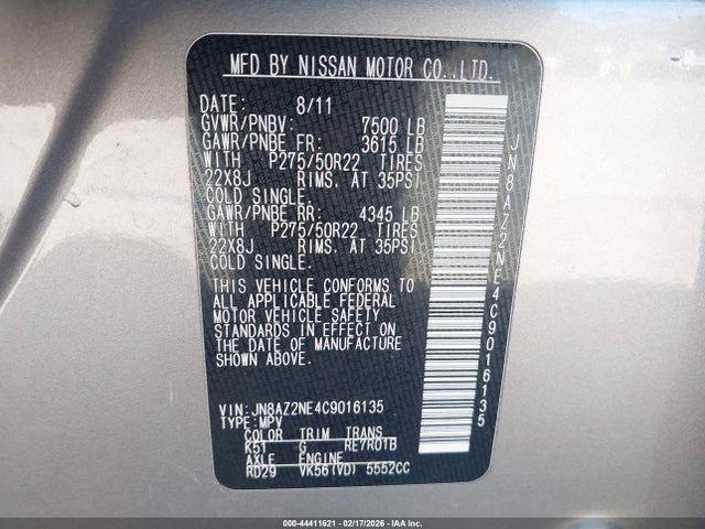 Aukcja sprzedaży 2012 Infiniti Qx56, vin: JN8AZ2NE4C9016135, numer aukcji: 44411621