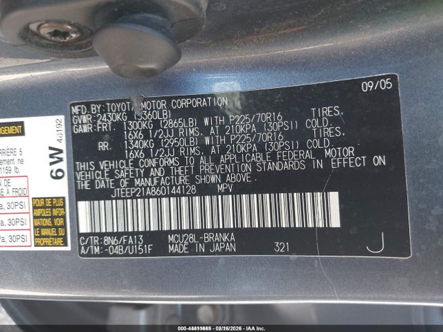 2006 Toyota Highlander V6 მანქანა იყიდება აუქციონზე, vin: JTEEP21A860144128, აუქციონის ნომერი: 44411665