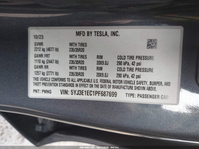 Продажа на аукционе авто 2023 Tesla Model 3 Performance Dual Motor All-wheel Drive, vin: 5YJ3E1EC1PF687699, номер лота: 44411761