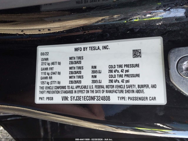 Aukcja sprzedaży 2022 Tesla Model 3 Performance Dual Motor All-wheel Drive, vin: 5YJ3E1EC0NF324808, numer aukcji: 44411809