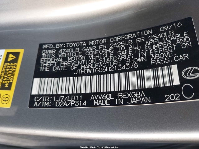 44411864 :رقم المزاد ، JTHBW1GG6H2134378 vin ، 2017 Lexus Es 300h مزاد بيع