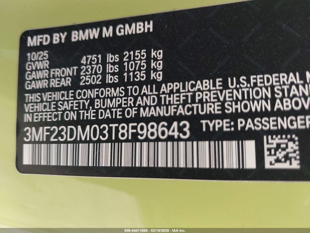 44411865 :رقم المزاد ، 3MF23DM03T8F98643 vin ، 2026 Bmw M2 مزاد بيع