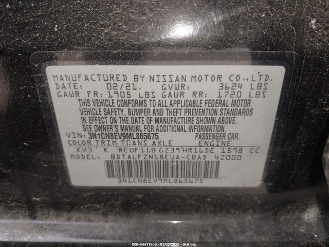 Aukcja sprzedaży 2021 Nissan Versa Sv Xtronic Cvt, vin: 3N1CN8EV9ML865675, numer aukcji: 44411908