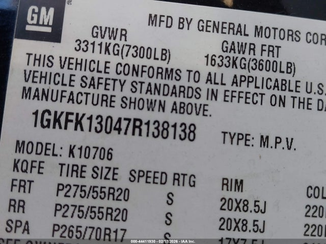 2007 Gmc Yukon Slt მანქანა იყიდება აუქციონზე, vin: 1GKFK13047R138138, აუქციონის ნომერი: 44411930