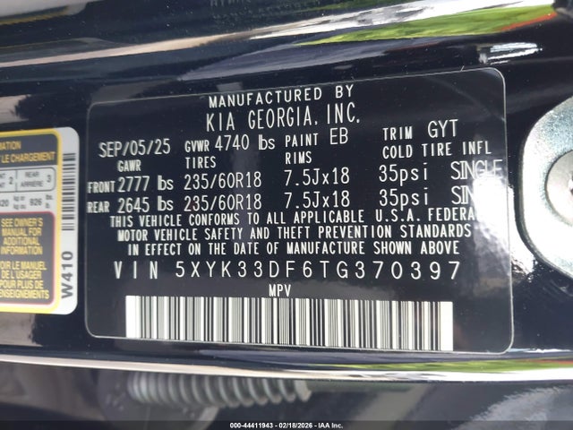 44411943 :رقم المزاد ، 5XYK33DF6TG370397 vin ، 2026 Kia Sportage Ex مزاد بيع