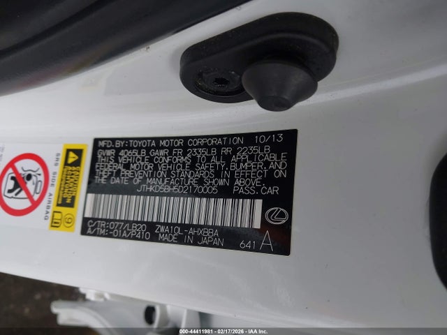 Aukcja sprzedaży 2013 Lexus Ct 200h, vin: JTHKD5BH5D2170005, numer aukcji: 44411981