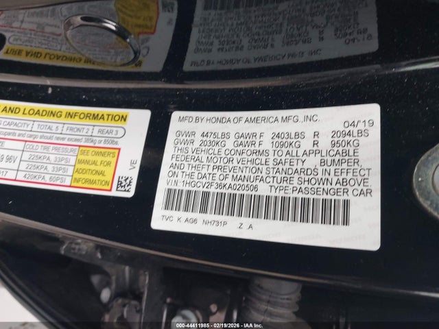 44411985 :رقم المزاد ، 1HGCV2F36KA020506 vin ، 2019 Honda Accord Sport 2.0t مزاد بيع