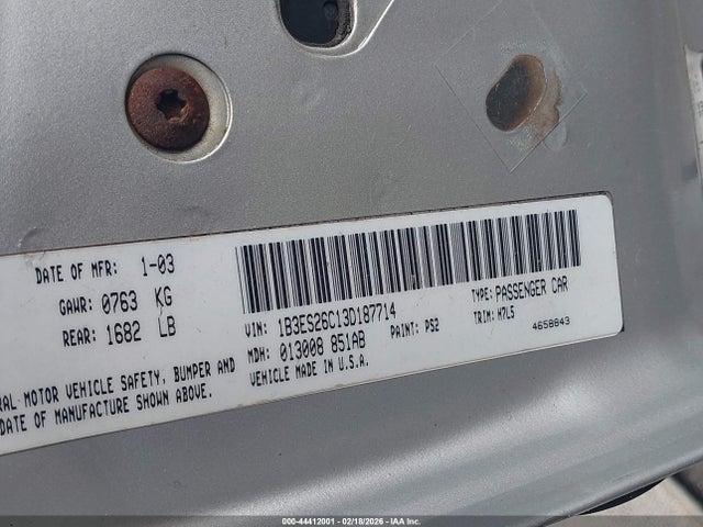 Продаж на аукціоні авто 2003 Dodge Neon Se, vin: 1B3ES26C13D187714, номер лоту: 44412001