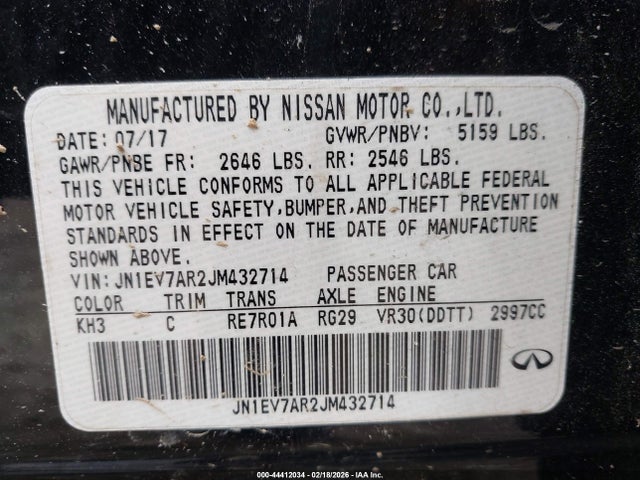 2018 Infiniti Q50 3.0t Luxe მანქანა იყიდება აუქციონზე, vin: JN1EV7AR2JM432714, აუქციონის ნომერი: 44412034