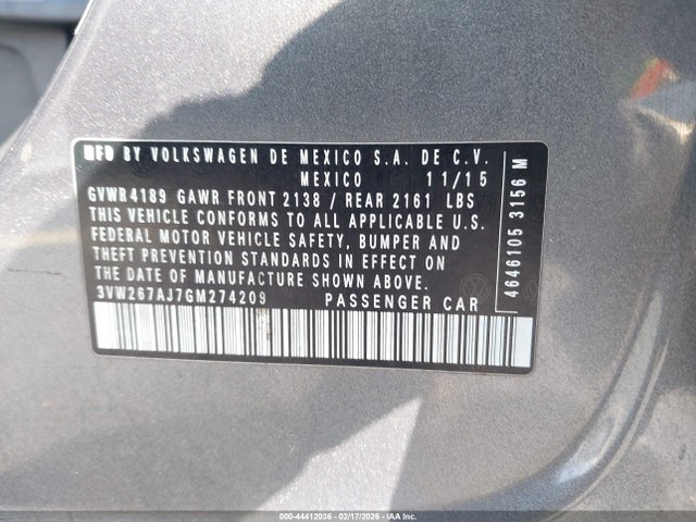 44412036 :رقم المزاد ، 3VW267AJ7GM274209 vin ، 2016 Volkswagen Jetta 1.4t S مزاد بيع