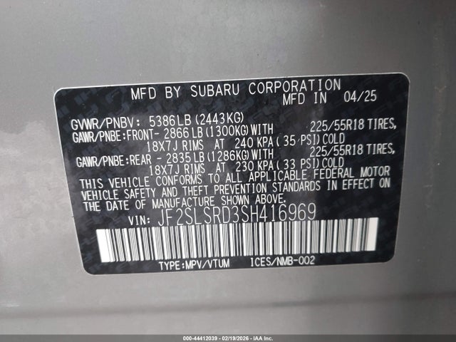 2025 Subaru Forester Limited Hybrid მანქანა იყიდება აუქციონზე, vin: JF2SLSRD3SH416969, აუქციონის ნომერი: 44412039