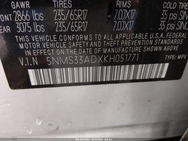 2019 HYUNDAI SANTA FE 5NMS33ADXKH051771 Photo 8