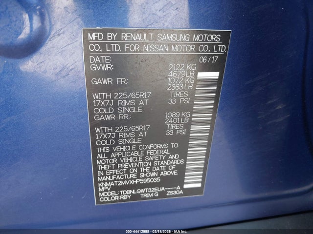 44412088 :رقم المزاد ، KNMAT2MVXHP595035 vin ، 2017 Nissan Rogue Sv مزاد بيع