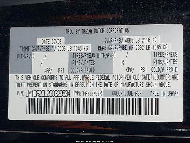 44412100 :رقم المزاد ، JM1CR29L290329534 vin ، 2009 Mazda Mazda5 Sport مزاد بيع