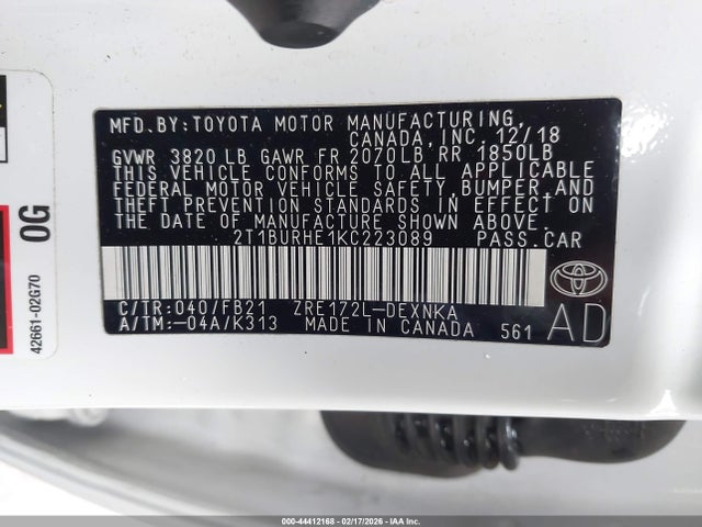 2T1BURHE1KC223089 Toyota COROLLA LE