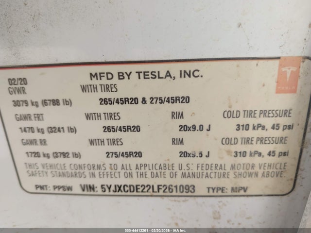 Продажа на аукционе авто 2020 Tesla Model X, vin: 5YJXCDE22LF261093, номер лота: 44412201