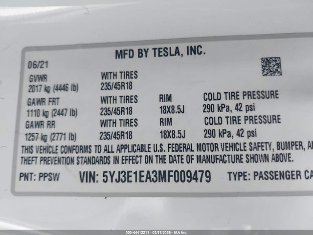 Aukcja sprzedaży 2021 Tesla Model 3 Standard Range Plus Rear-wheel Drive, vin: 5YJ3E1EA3MF009479, numer aukcji: 44412211