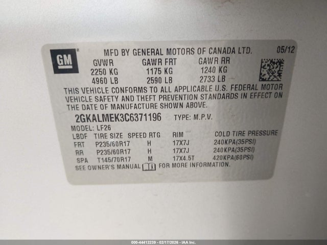 Aukcja sprzedaży 2012 Gmc Terrain Sle-1, vin: 2GKALMEK3C6371196, numer aukcji: 44412239