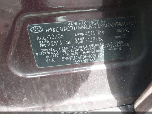 Продажа на аукционе авто 2006 Hyundai Sonata, vin: 5NPEU46F96H026167, номер лота: 44412247