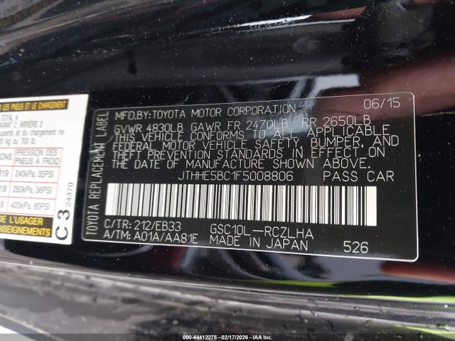 Aukcja sprzedaży 2015 Lexus Rc 350, vin: JTHHE5BC1F5008806, numer aukcji: 44412275