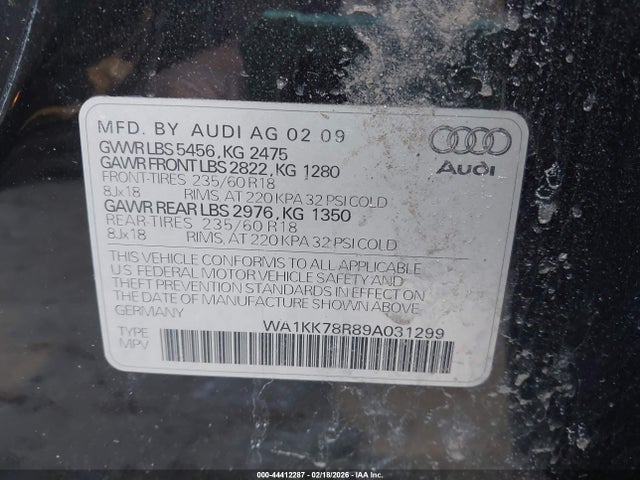 44412287 :رقم المزاد ، WA1KK78R89A031299 vin ، 2009 Audi Q5 3.2 Premium مزاد بيع