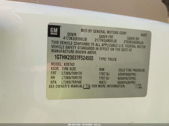 44412358 :رقم المزاد ، 1GTHK23637F524565 vin ، 2007 Gmc Sierra 2500hd Slt مزاد بيع
