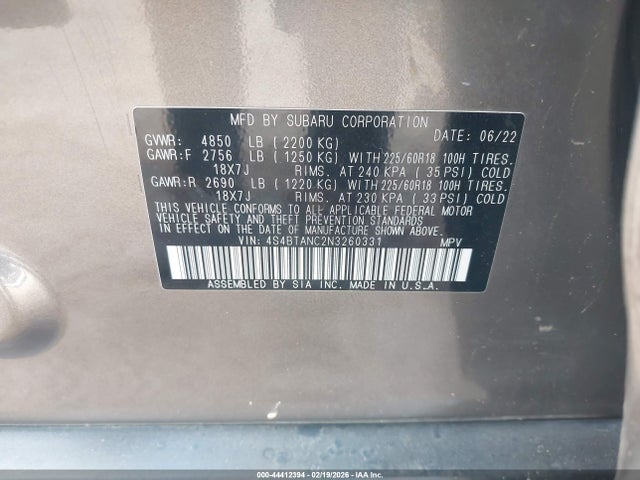 Продаж на аукціоні авто 2022 Subaru Outback Limited, vin: 4S4BTANC2N3260331, номер лоту: 44412394