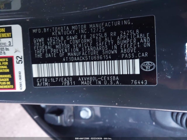 2026 Toyota Camry Se მანქანა იყიდება აუქციონზე, vin: 4T1DAACK5TU696154, აუქციონის ნომერი: 44412395