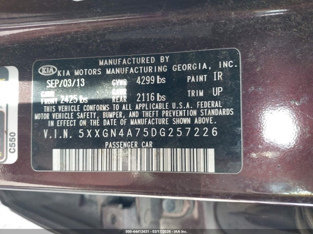 44412431 :رقم المزاد ، 5XXGN4A75DG257226 vin ، 2013 Kia Optima Ex مزاد بيع