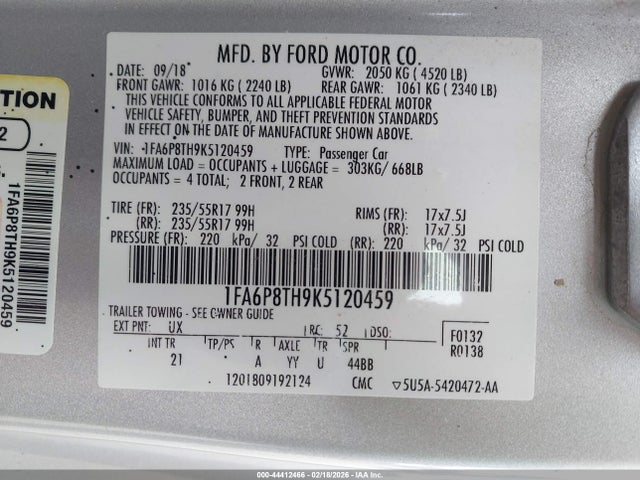 44412466 :رقم المزاد ، 1FA6P8TH9K5120459 vin ، 2019 Ford Mustang Ecoboost مزاد بيع