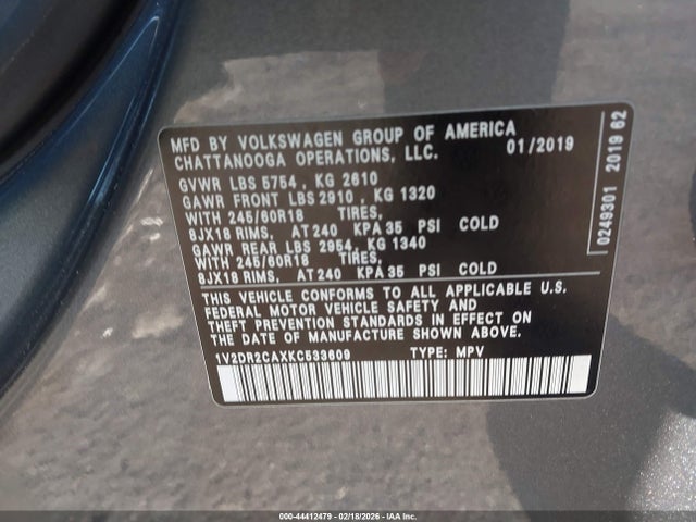44412479 :رقم المزاد ، 1V2DR2CAXKC533609 vin ، 2019 Volkswagen Atlas 3.6l V6 Se مزاد بيع