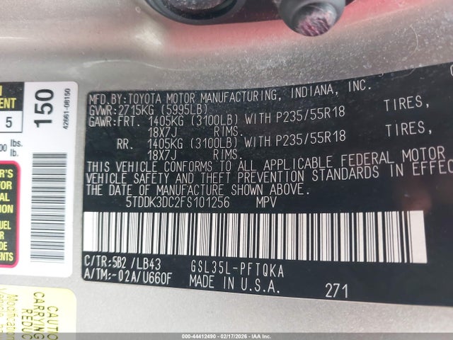 5TDDK3DC2FS101256 Toyota Sienna Limited Premium 7 Passenger